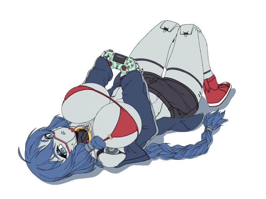 1girl, android, bikini, bikini_top_only, black_shorts, blue_eyes, blue_hair, braid