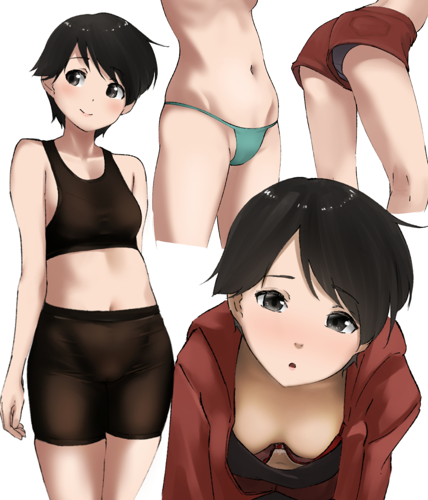 1girl, bike_shorts, black_eyes, black_hair, black_panties, bra, breasts, downblouse, extended_downblouse, green_panties, groin, highres, hood, hoodie, kantai_collection, midriff, mogami_(kancolle), navel, panties, red_bra, red_hoodie, red_shorts, short_hair, short_shorts, shorts, small_breasts, smile, solo, sports_bra, tama_(tamago), underwear, upshorts