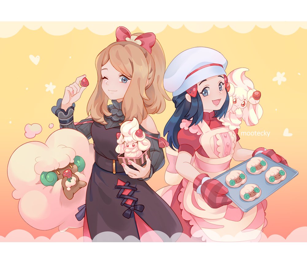 2girls, :d, alcremie, alcremie_(strawberry_sweet), apron, artist_name, baking_sheet, bare_shoulders, black_hair, blush, bow, buttons, chef_hat, closed_mouth, dawn_(palentine's_2021)_(pokemon), dawn_(pokemon), dress, eyelashes, food, fruit, gen_5_pokemon, gen_8_pokemon, grey_eyes, hair_bow, hair_ornament, hairclip, hat, holding, light_brown_hair, long_hair, long_sleeves, mittens, mootecky, multiple_girls, nintendo, official_alternate_costume, open_mouth, oven_mitts, pokemon, pokemon_(creature), pokemon_masters_ex, red_mittens, serena_(palentine's_2021)_(pokemon), serena_(pokemon), sidelocks, smile, strawberry, tongue, whimsicott, white_headwear