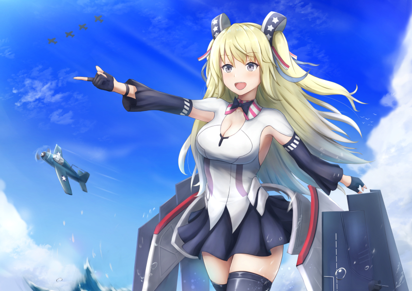 1girl, aircraft, amano_kusatsu, black_thighhighs, blonde_hair, blue_bow, blue_bowtie, blue_eyes
