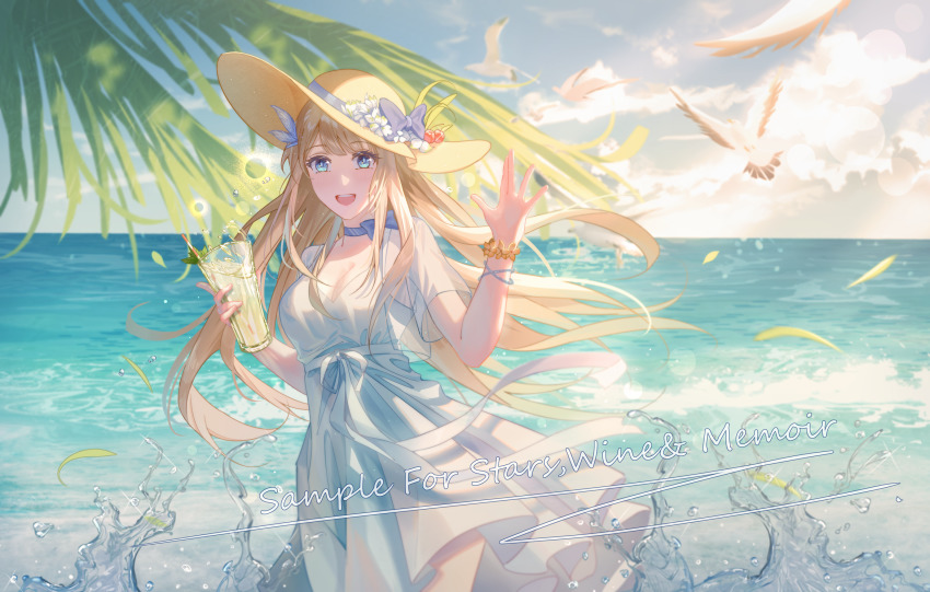 blonde_hair, blue_eyes, cup, dress, flower, hat, hat_flower, highres