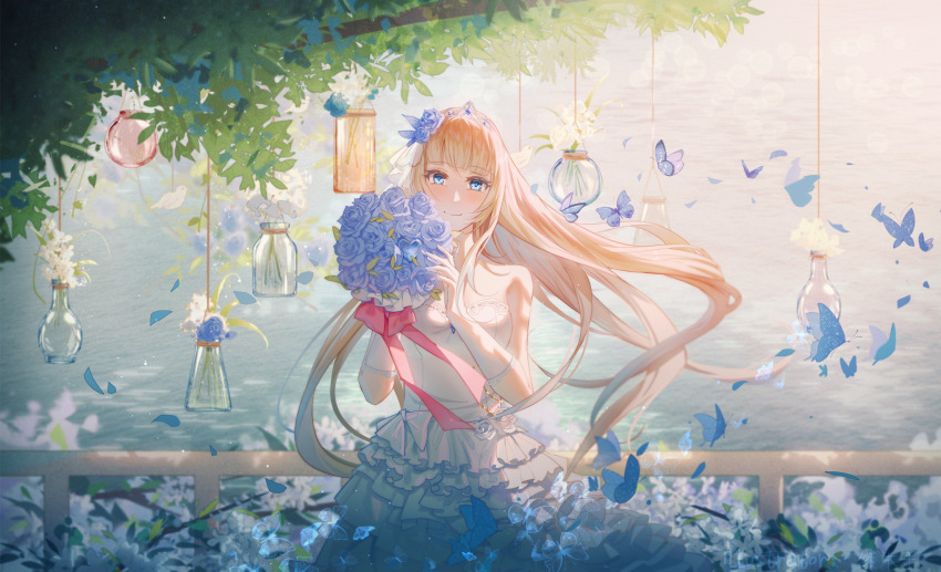 blonde_hair, blue_eyes, blue_flower, dress, flower, hair_flower, hair_ornament, highres