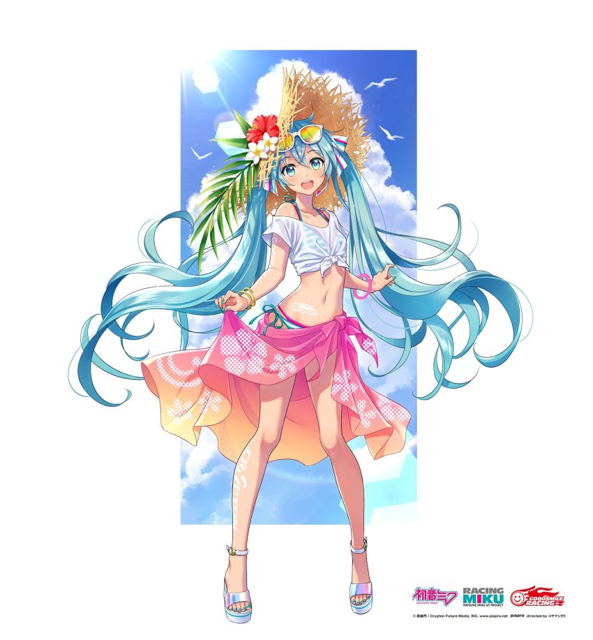 1girl, :d, ankle_strap, aqua_eyes, aqua_hair, aqua_nails, artist_request, bangle, bikini, bikini_under_clothes, bird, bracelet, buckle, cloud, commentary_request, eyewear_on_head, fingernails, floating_hair, floral_print, flower, full_body, glowing, goodsmile_company, goodsmile_racing, gradient_clothes, gradient_sarong, hair_between_eyes, hair_ribbon, halftone, halterneck, hat, hat_flower, hatsune_miku, hibiscus, highres, holding_own_skirt, jewelry, lens_flare, logo, long_hair, looking_at_viewer, microphone, midriff, multicolor-tinted_eyewear, multicolored_sarong, nail_polish, navel, official_alternate_costume, official_art, open_mouth, pink_bikini, platform_sandals, plumeria, racing_miku, rainbow-tinted_eyewear, red_flower, ribbon, sandals, sarong, second-party_source, see-through_clothes, shirt, short_sleeves, side-tie_bikini_bottom, smile, solo, standing, stomach, straw_hat, striped_bikini, striped_clothes, striped_ribbon, sun, sun_hat, sunglasses, sunlight, swimsuit, tan, tattoo, teeth, tied_shirt, tinted_eyewear, toenail_polish, toenails, twintails, upper_teeth_only, very_long_hair, vocaloid, watermark, white_flower, white_shirt