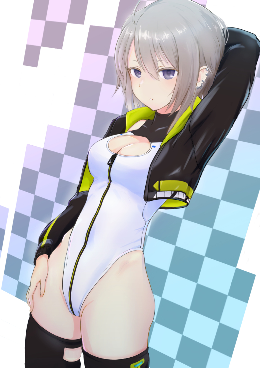 1girl, alice_gear_aegis, arm_behind_head, arm_up, breasts, cleavage_cutout, clothing_cutout, covered_navel, cropped_jacket, ear_piercing, heattech_leotard, highleg, highleg_leotard, highres, jacket, leotard, looking_at_viewer, lowlegist, murao_mira, open_clothes, open_jacket, piercing, purple_eyes, red_pupils, short_hair, shrug_(clothing), silver_hair, solo, thighhighs, turtleneck, unzipped, white_leotard, zipper, zipper_leotard
