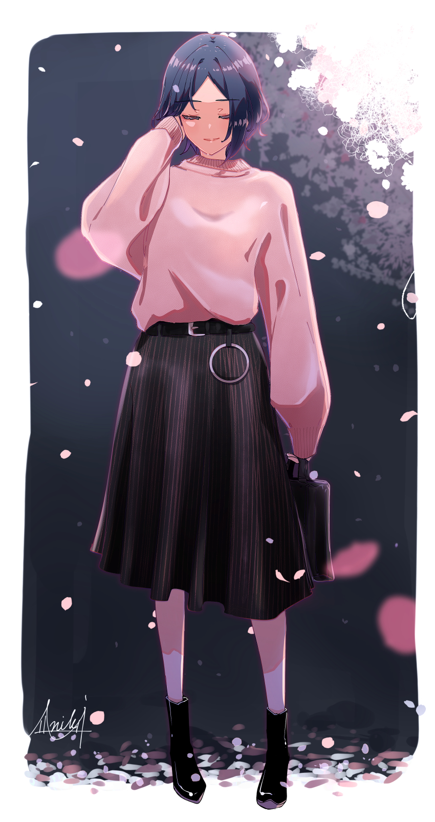 1girl, absurdres, alternate_costume, ankle_boots, arm_up, bag, black_skirt, blue_hair, blurry, blurry_background, blurry_foreground, boots, cherry_blossoms, closed_eyes, depth_of_field, full_body, hand_in_own_hair, hayami_kanade, highres, holding, holding_bag, idolmaster, idolmaster_cinderella_girls, leather_belt, long_skirt, long_sleeves, night, parted_bangs, petals, pink_sweater, pleated_skirt, signature, skirt, sleeves_past_wrists, smile, solo, sweater, tsukuda_hayato