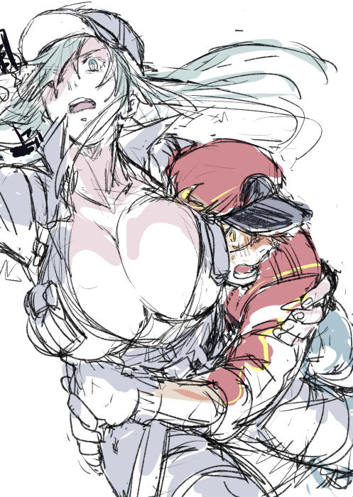 1boy, 1girl, aa-2153, breasts, cleavage, glasses, hat, hataraku_saibou