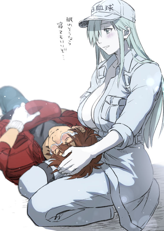 1boy, 1girl, aa-2153, breasts, brown_hair, cleavage, colored_skin, glasses