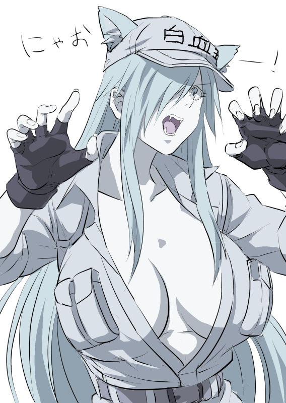 1girl, animal_ears, breasts, cat_ears, cleavage, colored_skin, fingerless_gloves, gloves, hat, hataraku_saibou, hataraku_saibou_black, long_hair, looking_at_viewer, rinoko, simple_background, solo, u-1196, white_background, white_blood_cell_(hataraku_saibou), white_hair, white_skin