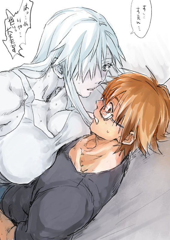 1boy, 1girl, aa-2153, breasts, brown_hair, cleavage, colored_skin, glasses