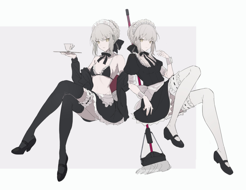 2girls, apron, artoria_pendragon_(fate), bikini, black_thighhighs, braid, crossed_arms, cup