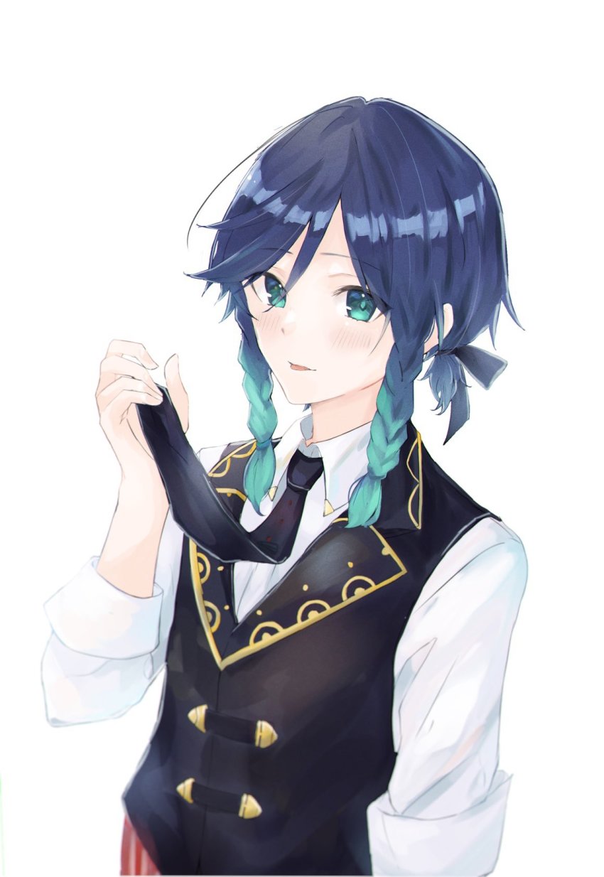 1boy, ajimonster, alternate_costume, androgynous, black_hair, blue_hair, braid, closed_mouth, collared_shirt, genshin_impact, gradient_hair, green_eyes, hair_ribbon, highres, holding, holding_jewelry, holding_necklace, jewelry, long_sleeves, looking_at_viewer, male_focus, multicolored_hair, necklace, necktie, ribbon, shirt, short_hair_with_long_locks, simple_background, smile, solo, tongue, tongue_out, twin_braids, venti_(genshin_impact), vest, white_background, white_shirt