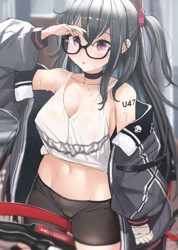 1girl, azur_lane, bike_shorts, black-framed_eyewear, black_choker, black_hair, black_jacket, black_shorts, breasts, cameltoe, character_name, choker, cleavage, jacket, large_breasts, long_hair, midriff, official_alternate_costume, ootani_nonno, open_clothes, open_jacket, purple_eyes, semi-rimless_eyewear, shirt, shorts, shoulder_tattoo, sleeveless, sleeveless_shirt, solo, sweatdrop, tattoo, u-47_(azur_lane), u-47_(rookie_rider)_(azur_lane), wet, wet_clothes, wet_shirt, white_shirt