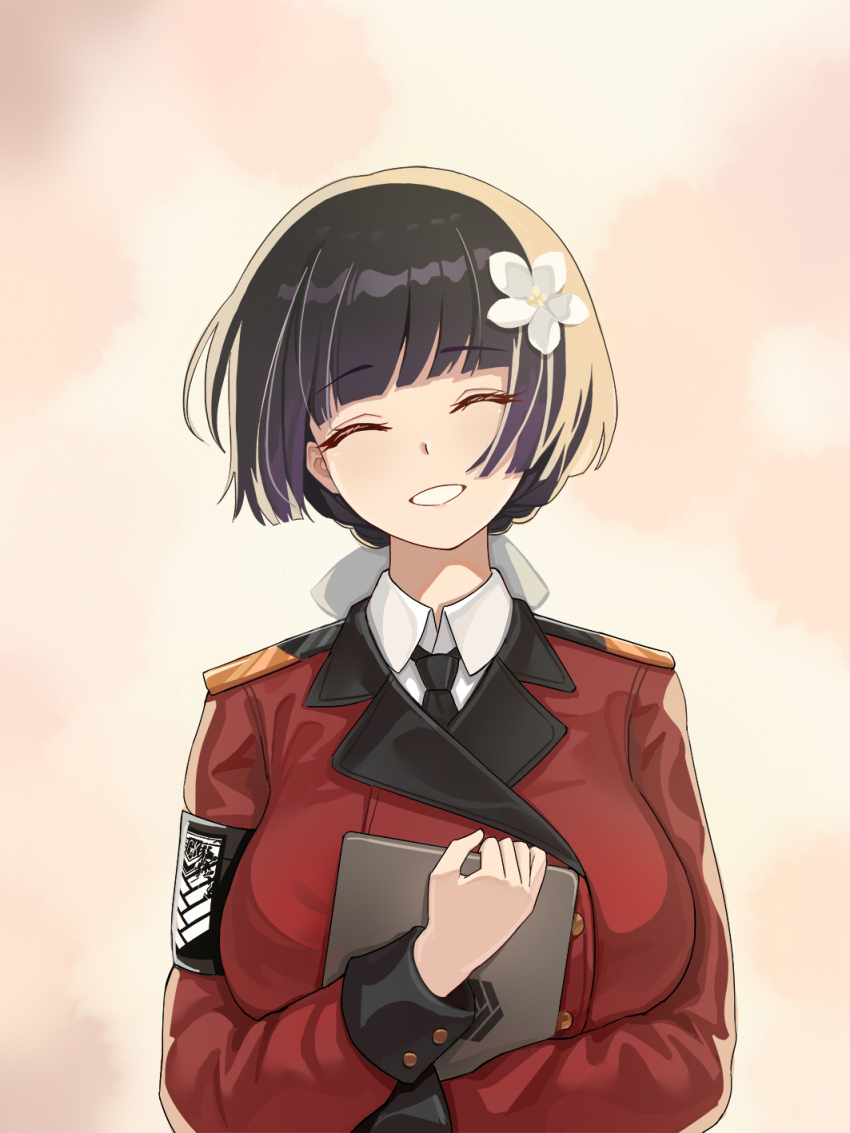 1girl, black_hair, black_necktie, clipboard, closed_eyes, collared_shirt, colored_eyelashes, epaulettes, flower, girls'_frontline, griffin_&amp;_kryuger_military_uniform, hair_flower, hair_ornament, highres, machlian_(girls'_frontline), military, military_uniform, moran_(pixiv27824646), necktie, red_necktie, shirt, short_hair, smile, solo, upper_body, white_shirt
