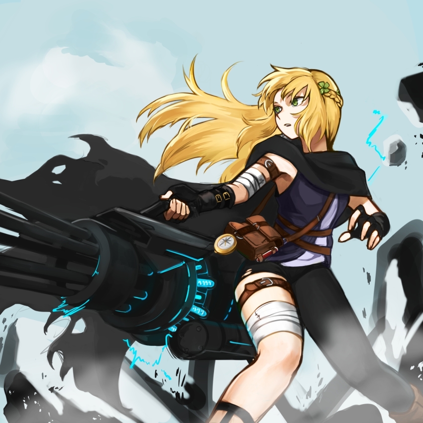 1girl, badnick69_(camchi), bag, black_gloves, black_pants, blonde_hair, capelet, feet_out_of_frame