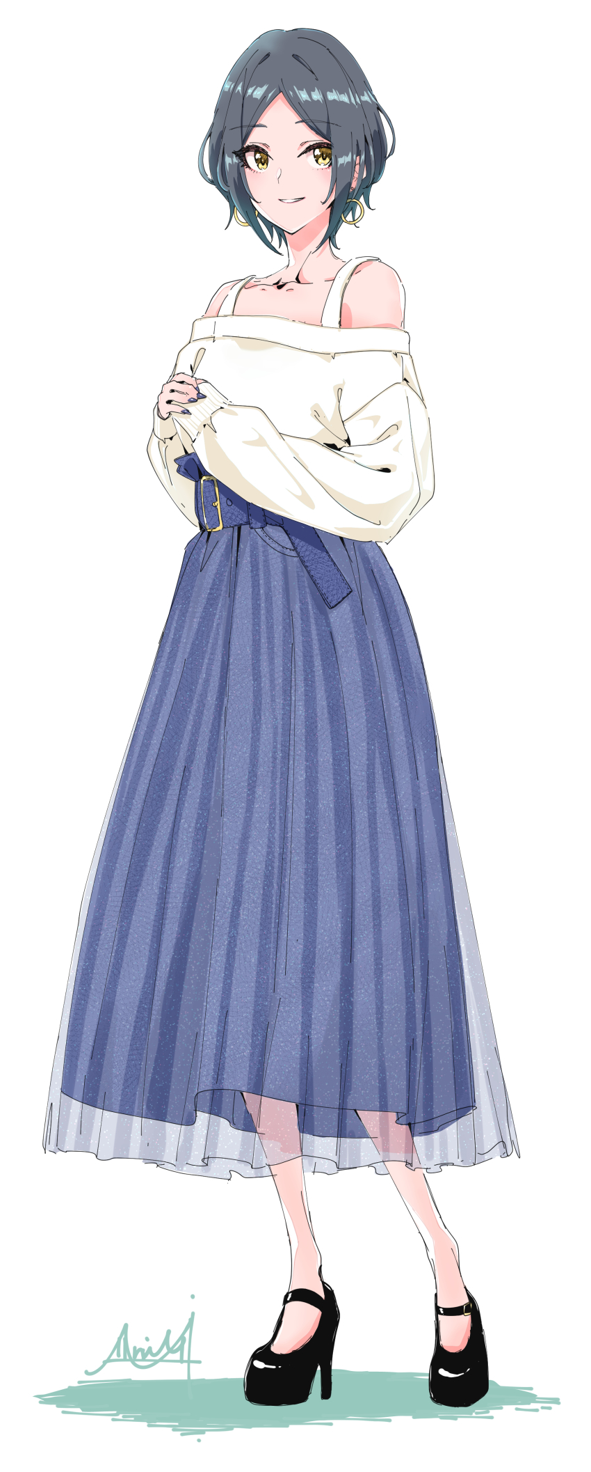 1girl, absurdres, alternate_costume, bare_shoulders, blue_hair, blue_skirt, collarbone, earrings