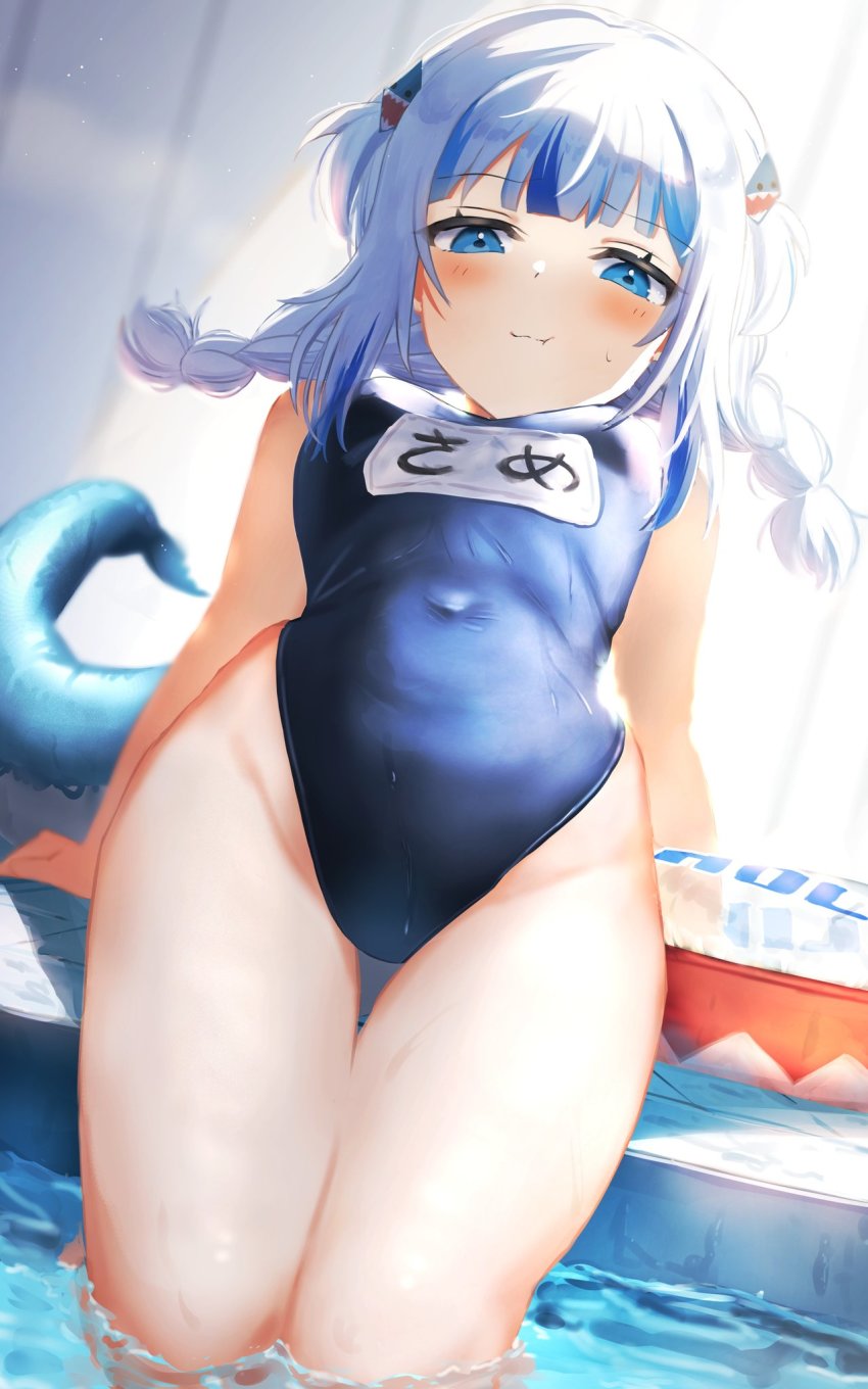 1girl, alternate_costume, alternate_hairstyle, blue_eyes, blue_hair, blunt_bangs, braid, covered_navel, fins, fish_tail, gawr_gura, hair_ornament, highleg, highleg_one-piece_swimsuit, highres, hololive, hololive_english, innertube, long_hair, multicolored_hair, one-piece_swimsuit, ponnu_(nikeytina), pout, school_swimsuit, shark_tail, silver_hair, sitting, solo, sweatdrop, swim_ring, swimsuit, tail, thighs, twin_braids, two-tone_hair, virtual_youtuber, water