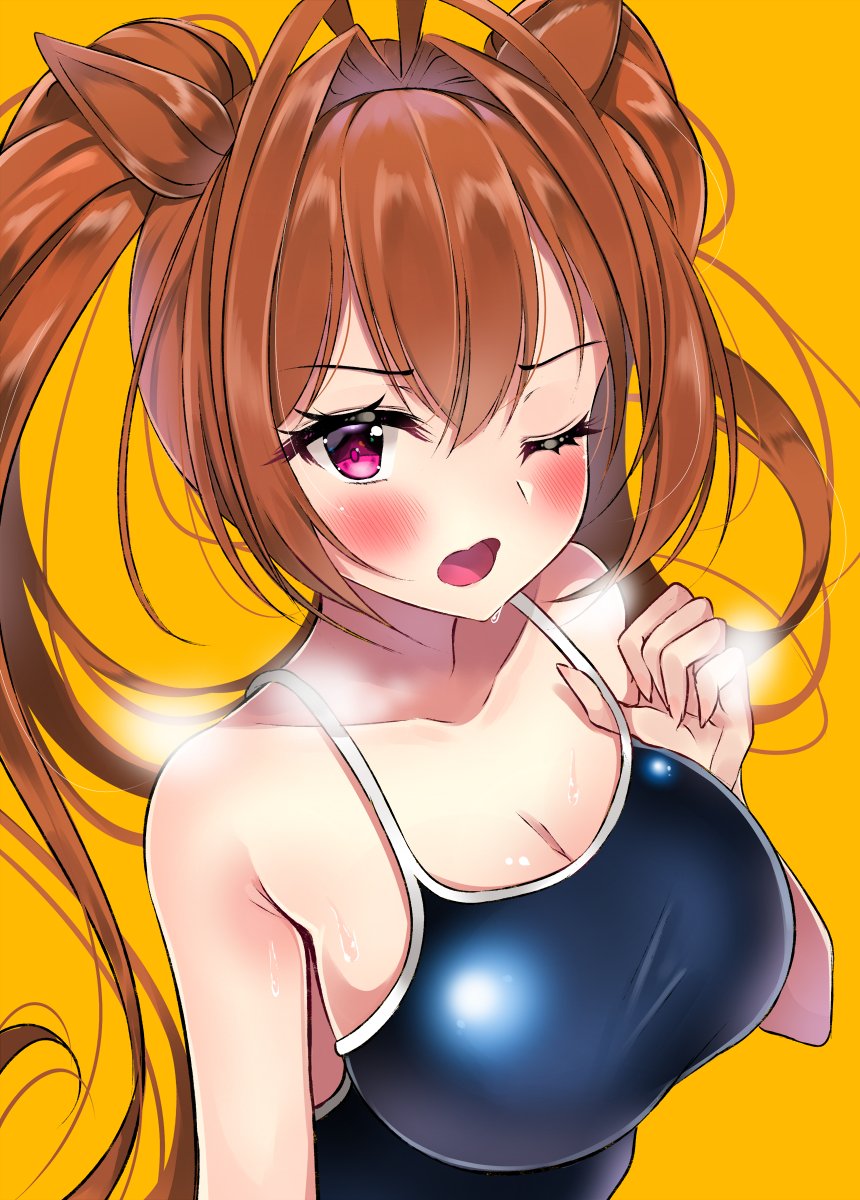 1girl, animal_ears, bare_shoulders, blush, breasts, brown_hair, cleavage, collarbone, competition_school_swimsuit, daiwa_scarlet_(umamusume), eyes_visible_through_hair, hair_between_eyes, hair_intakes, highres, holding_strap, horse_ears, horse_girl, large_breasts, neku_(sky_hologram), one_eye_closed, open_mouth, pink_eyes, school_swimsuit, sidelocks, swimsuit, twintails, umamusume, upper_body, yellow_background