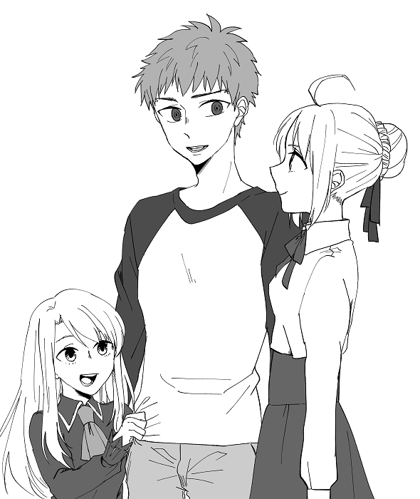 1boy, 2girls, artoria_pendragon_(fate), brother_and_sister, emiya_shirou, fate_(series), greyscale, hair_bun