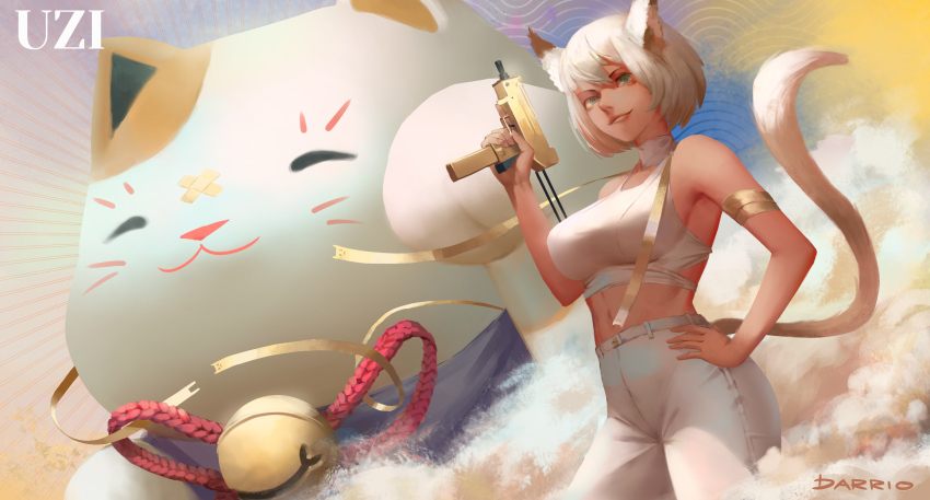 absurdres, animal_ears, armband, artist_name, bandaid, bandaid_on_face, bell, breasts