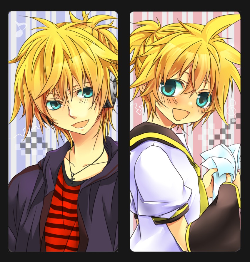 1boy, aged_up, aqua_eyes, bad_id, bad_pixiv_id, blonde_hair, casual, child, headphones, highres, jewelry, kagamine_len, male_focus, necklace, necktie, short_hair, smile, solo, teito_(0w0kuma), vocaloid