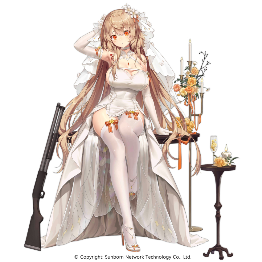 arm_up, armpits, breasts, bridal_veil, brown_hair, choker, cleavage, dress, elbow_gloves, full_body, garter_straps, girls'_frontline, gloves, gun, haneru, head_tilt, highres, ithaca_m37, large_breasts, long_hair, m37_(a_long_vacation_with_ithaca)_(girls'_frontline), m37_(girls'_frontline), official_alternate_costume, official_art, orange_eyes, panties, parted_lips, pump_action, ribbon_choker, short_dress, shotgun, sitting, solo, string_panties, thighhighs, underwear, veil, very_long_hair, weapon, white_dress, white_gloves, white_panties, white_thighhighs