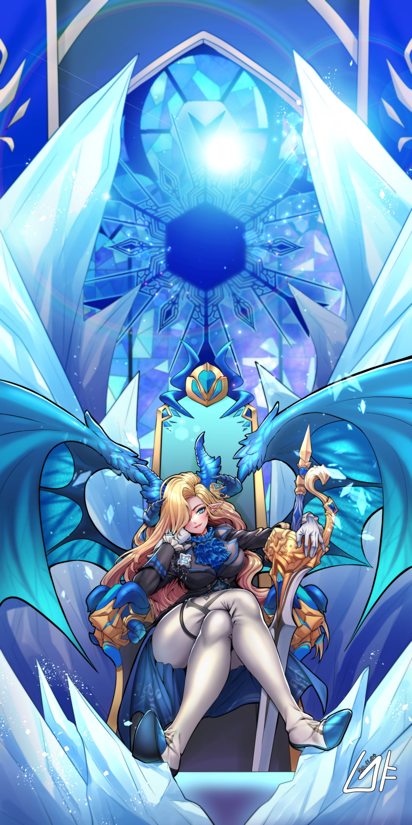 1girl, absurdres, blonde_hair, blue_eyes, blue_horns, blue_wings, demon_girl, g_yu