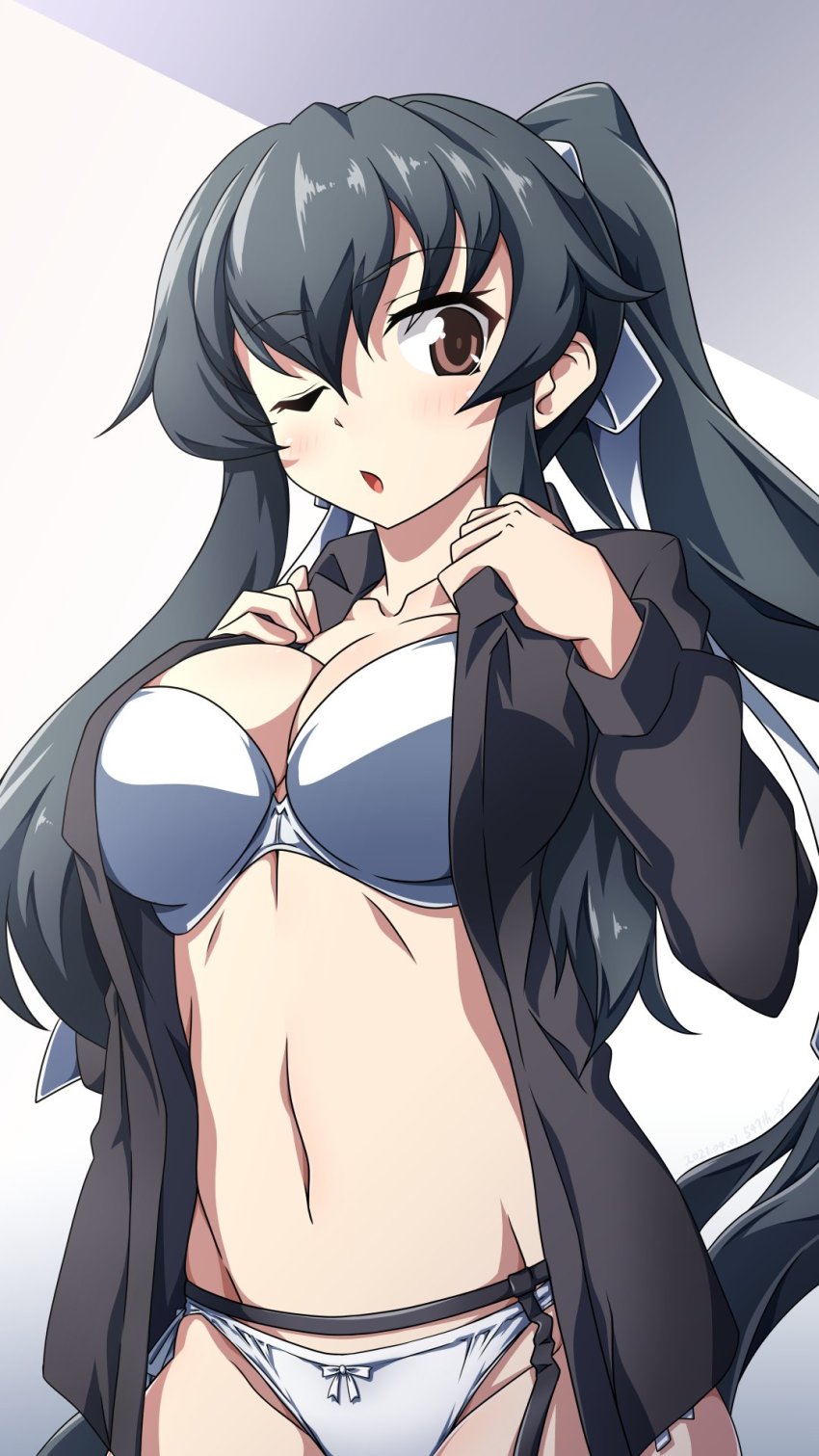 1girl, 547th_sy, :o, black_hair, black_shirt, blush, bra, breasts