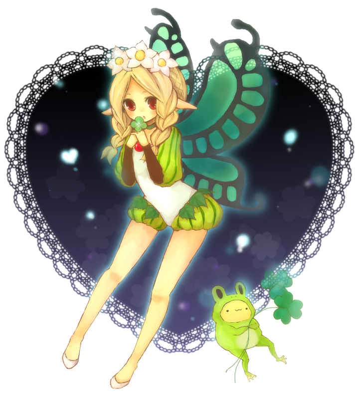 1girl, 1st-mn, blonde_hair, blush, braid, butterfly_wings, choker, clover, fairy, female_focus, flower, four-leaf_clover, frog, hair_flower, hair_ornament, insect_wings, mercedes_(odin_sphere), odin_sphere, pointy_ears, puff_and_slash_sleeves, puffy_sleeves, red_eyes, solo, twin_braids, wings