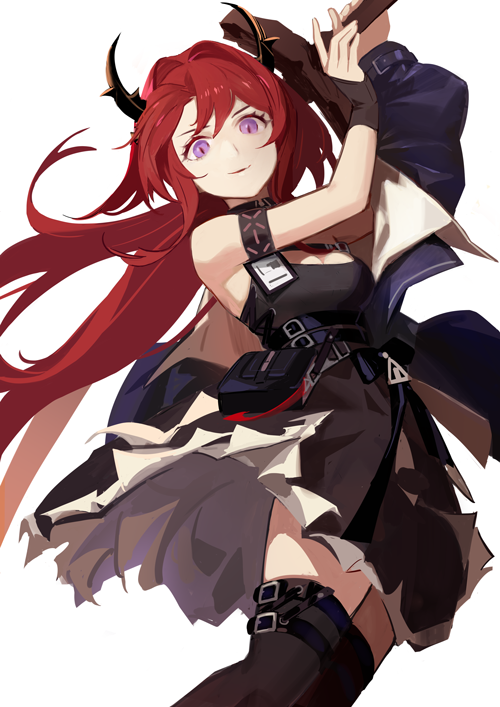 1girl, arknights, armband, belt, black_belt, black_dress, black_jacket, black_thighhighs