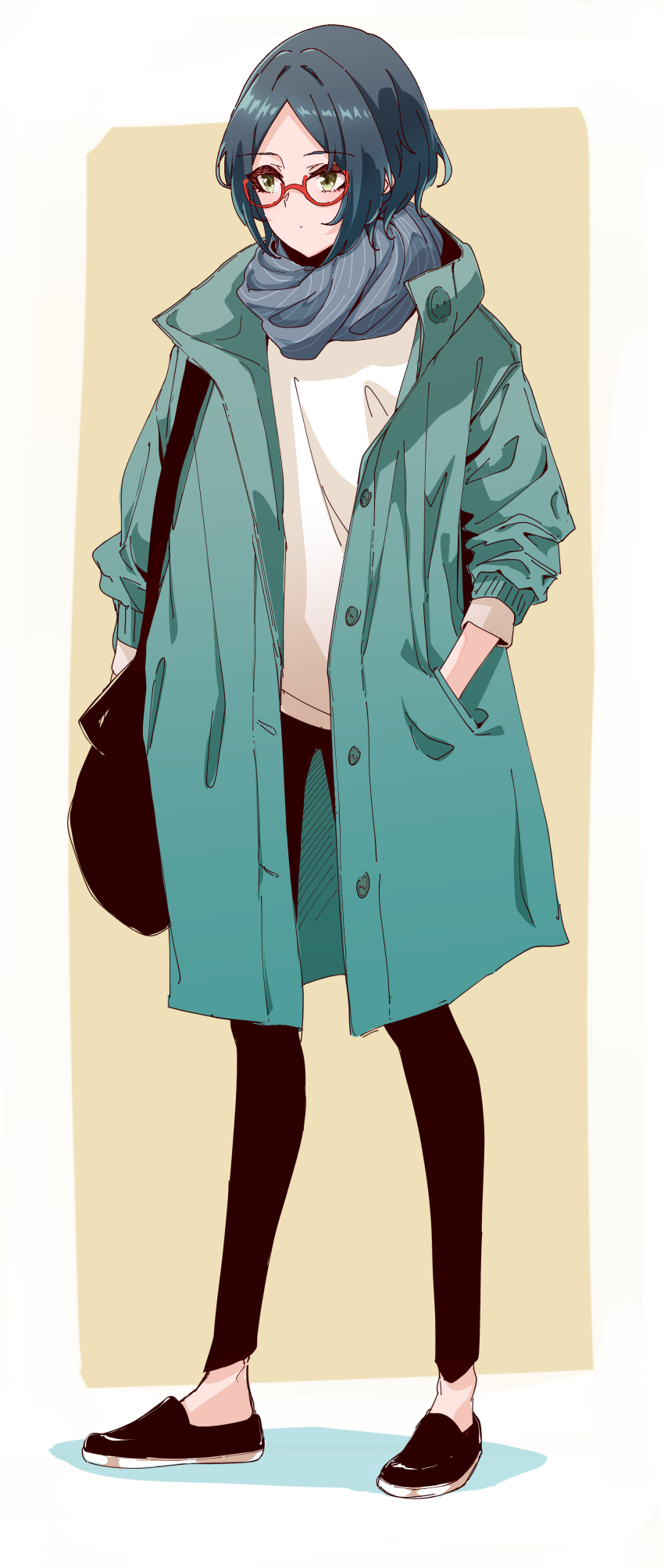 1girl, absurdres, alternate_costume, bag, black_pants, blue_hair, expressionless, full_body