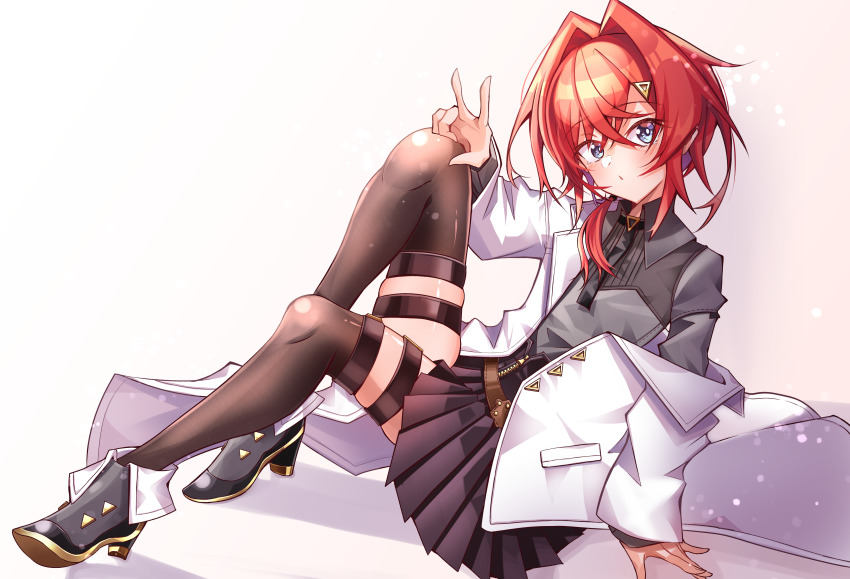 1girl, :o, absurdres, alternate_costume, ange_katrina, ange_katrina_(lab_coat), belt, black_belt, black_footwear, black_neckwear, blue_eyes, coat, collared_shirt, flat_chest, grey_shirt, hair_between_eyes, high_heels, highres, lab_coat, nijisanji, papa-kun_(destiny549-2), red_hair, shirt, short_hair, sitting, skindentation, solo, thigh_strap, thighhighs, v, virtual_youtuber, white_coat