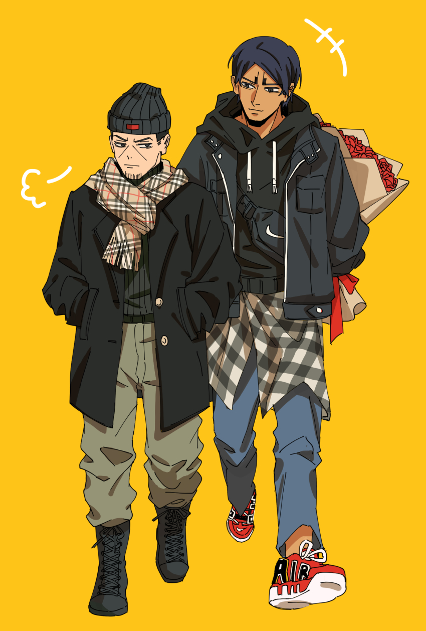 2boys, arm_behind_back, beanie, black_coat, black_footwear, black_hair, black_hoodie, bouquet, coat, contemporary, dark-skinned_male, dark_skin, denim, facial_hair, fanny_pack, flower, golden_kamuy, hands_in_pockets, hat, highres, holding, holding_bouquet, hood, hood_down, hoodie, jacket, jeans, koito_otonoshin, looking_at_another, male_focus, multiple_boys, nike_(company), pants, plaid_clothes, plaid_scarf, red_footwear, scarf, shoes, sneakers, stubble, thick_eyebrows, tsukishima_hajime, walking, yellow_background, zhege_qiongsi_bu_tai_leng