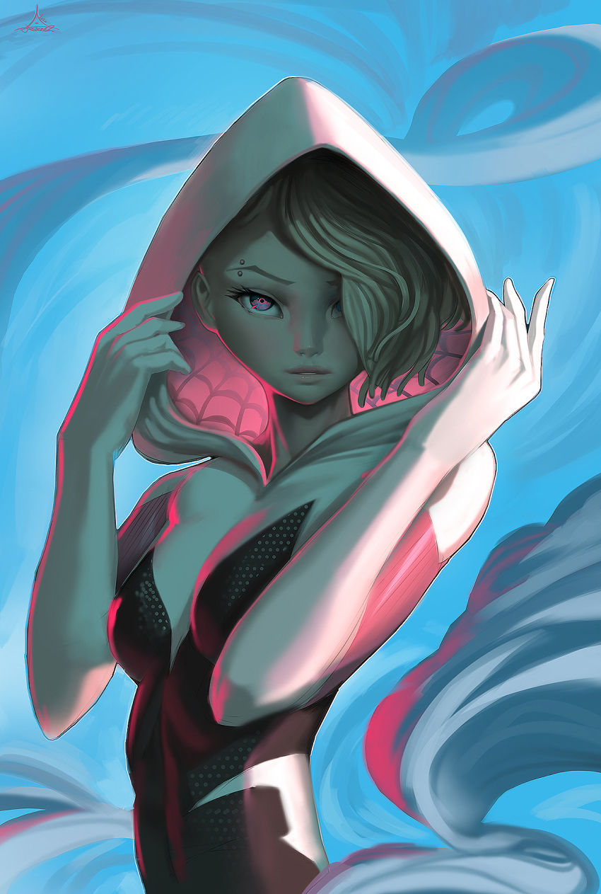 1girl, andaerz, asymmetrical_hair, blonde_hair, blue_background, blue_eyes, bodysuit, breasts