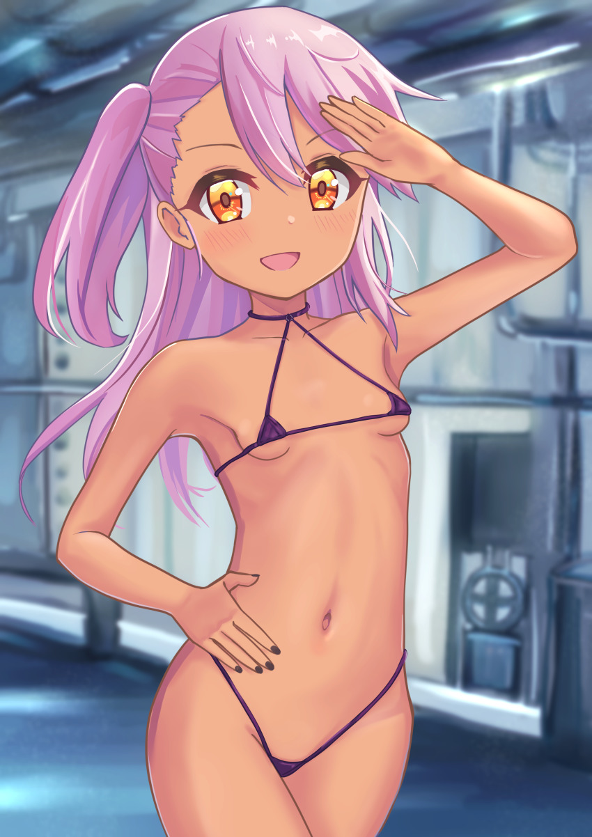 1girl, absurdres, armpits, bare_shoulders, bikini, black_bikini, blush, breasts, chloe_von_einzbern, collarbone, dark-skinned_female, dark_skin, fate/kaleid_liner_prisma_illya, fate_(series), hair_between_eyes, highleg, highleg_bikini, highres, loli, long_hair, looking_at_viewer, micro_bikini, navel, open_mouth, orange_eyes, pan_korokorosuke, pink_hair, sidelocks, small_breasts, smile, solo, swimsuit, thighs