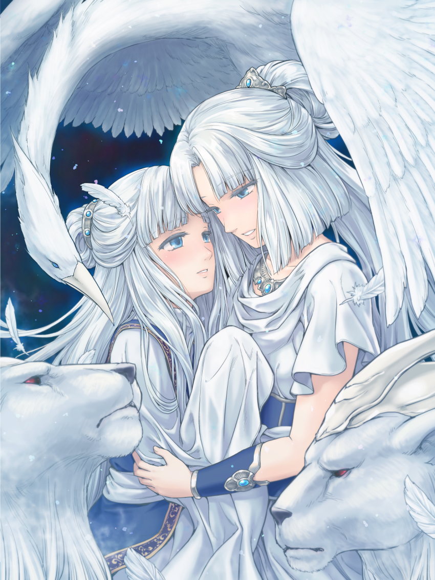 2girls, animal, bird, blue_eyes, blunt_bangs, blush, cloth, colored_eyelashes, feathered_wings, feathers, garuda_(rg_veda), hair_bun, hair_ornament, half_updo, happy, highres, hime_cut, jewelry, karura-ou, karyoubinga, lion, long_hair, multiple_girls, necklace, parted_bangs, parted_lips, ponytail, red_eyes, rg_veda, siblings, single_hair_bun, sisters, smile, takekawa_shin, very_long_hair, white_feathers, white_hair, wings
