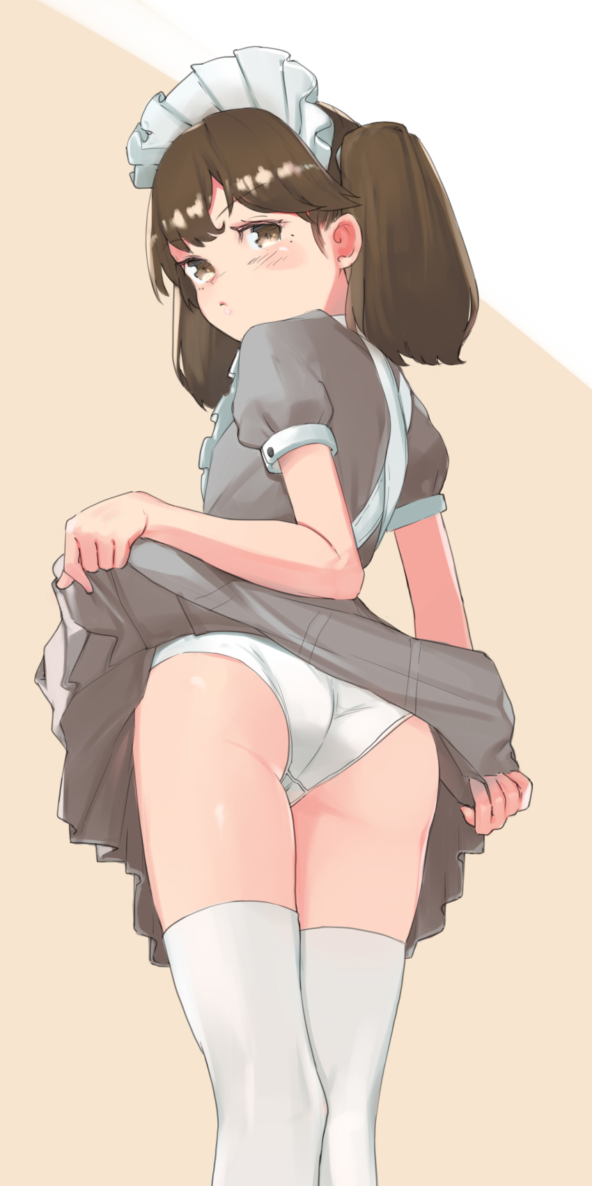 1girl, absurdres, alternate_costume, apron, ass, brown_background, brown_eyes, brown_hair, co_botan, cowboy_shot, dress, dress_shirt, enmaided, frilled_apron, frills, from_behind, grey_dress, highres, kantai_collection, long_hair, looking_at_viewer, maid, maid_headdress, panties, ryuujou_(kancolle), shirt, solo, standing, thighhighs, twintails, underwear, white_apron, white_panties, white_thighhighs