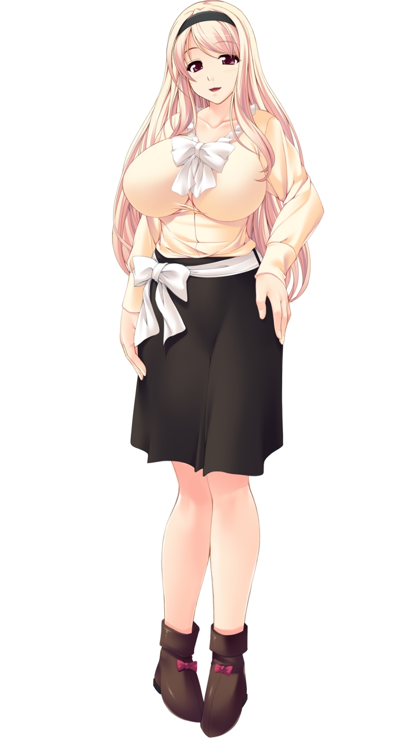 1girl, blonde_hair, breasts, collarbone, cybele, female_focus, fingernails, full_body, hairband, highres, huge_breasts, impossible_clothes, impossible_shirt, ishii_akira, kuwashima_erina, long_hair, looking_at_viewer, miel, miel_(company), moshimo_suieibu_komon_no_tsuma_ga_dekapai_niku_onaho_to_shite_ura_site_de_sarasareteitara, norn, open_mouth, purple_eyes, shirt, simple_background, smile, solo, standing, tagme