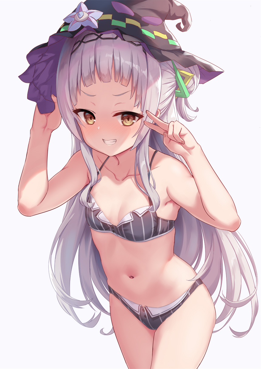 1girl, bare_shoulders, bikini, black_bra, black_headwear, black_panties, blunt_bangs, blush, bra, breasts, collarbone, grey_bra, grey_panties, grin, hair_bun, hairband, half_updo, hat, hexagram_hair_ornament, highres, hololive, long_hair, looking_at_viewer, milkshakework, murasaki_shion, murasaki_shion_(1st_costume), navel, panties, sidelocks, silver_hair, simple_background, single_side_bun, small_breasts, smile, solo, standing, striped_bra, striped_clothes, striped_panties, swimsuit, thighs, underwear, v, vertical-striped_bra, vertical-striped_clothes, vertical-striped_panties, virtual_youtuber, white_background, witch_hat, yellow_eyes