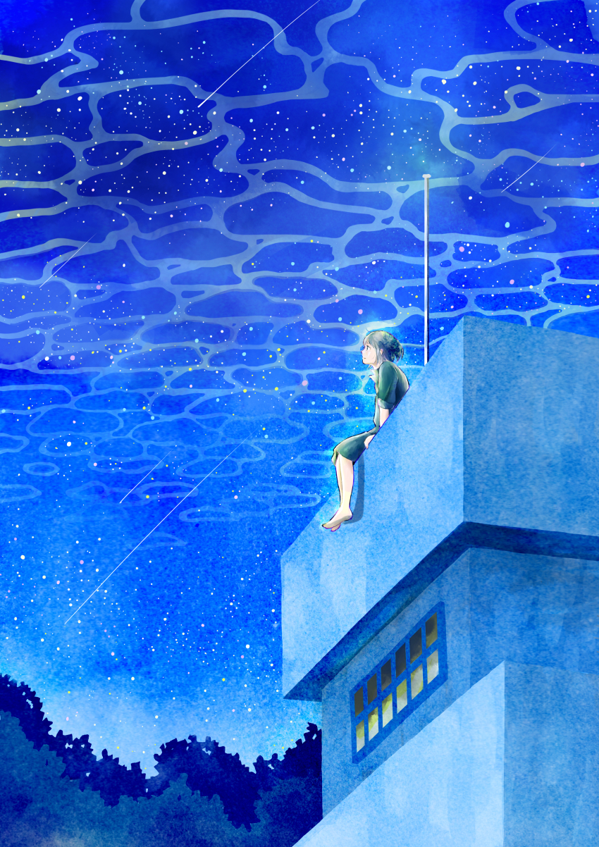 1girl, absurdres, bad_id, bad_pixiv_id, barefoot, blue_theme, building, caustics, green_shirt, highres, huge_filesize, kakine-666, looking_afar, night, original, outdoors, shirt, shooting_star, short_hair, sky, solo, star_(sky), starry_sky
