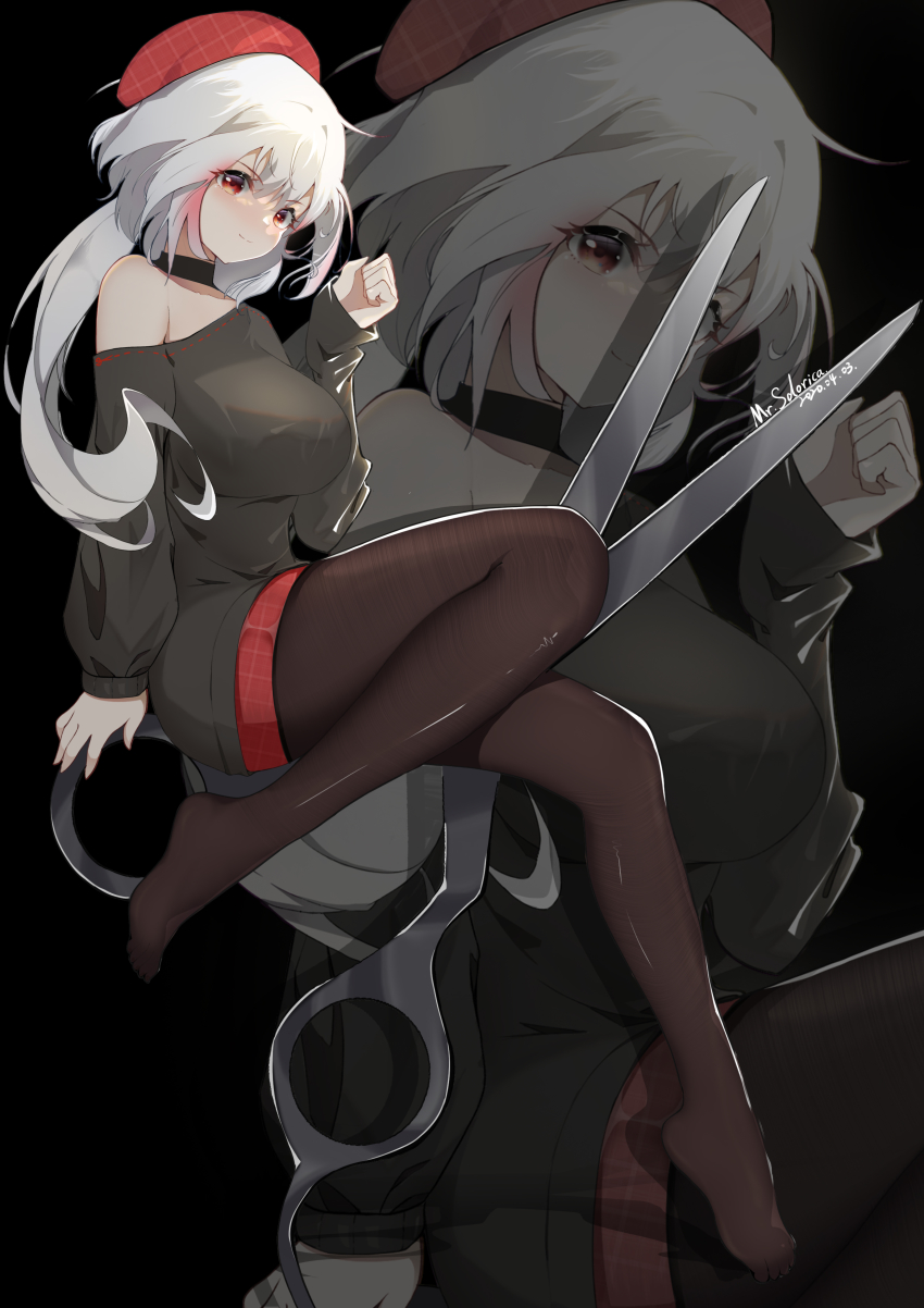 1girl, absurdres, ahoge, alternate_costume, armpit_crease, bare_shoulders, beret, black_background