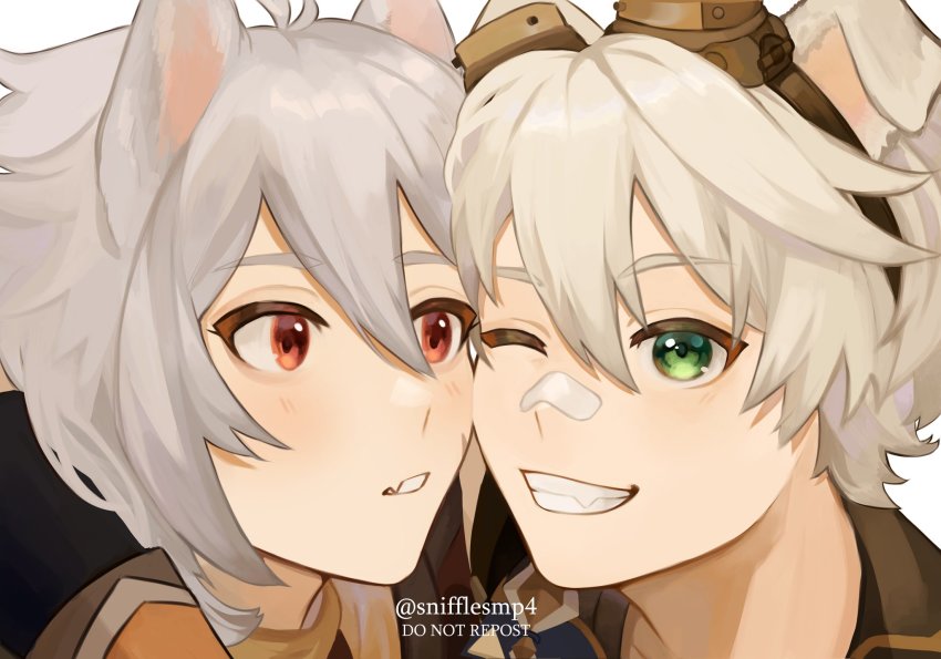 2boys, animal_ears, bandaid, bandaid_on_face, bandaid_on_nose, bennett_(genshin_impact), blush, cheek-to-cheek