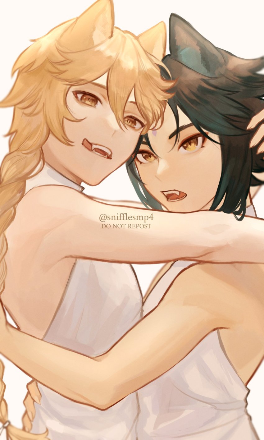 2boys, :q, aether_(genshin_impact), animal_ears, arms_around_another's_back, arms_around_neck, bare_shoulders, black_hair