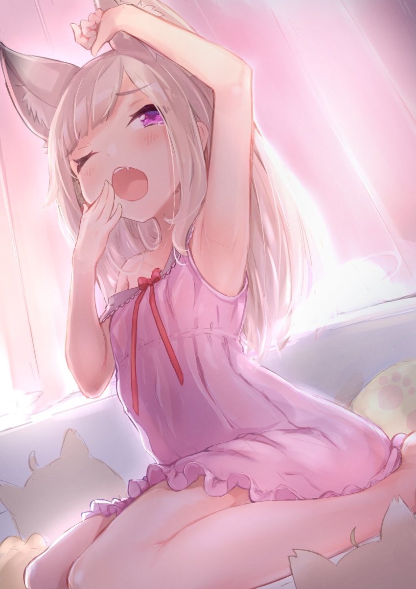 1girl, absurdres, animal_ear_fluff, animal_ears, highres, long_hair, nanashi_inc., nightgown, off_shoulder, one_eye_closed, paw_print, pink_nightgown, purple_eyes, rutinium, shiromiya_mimi, silver_hair, sleepy, sleeveless, stretching, tears, virtual_youtuber, yawning