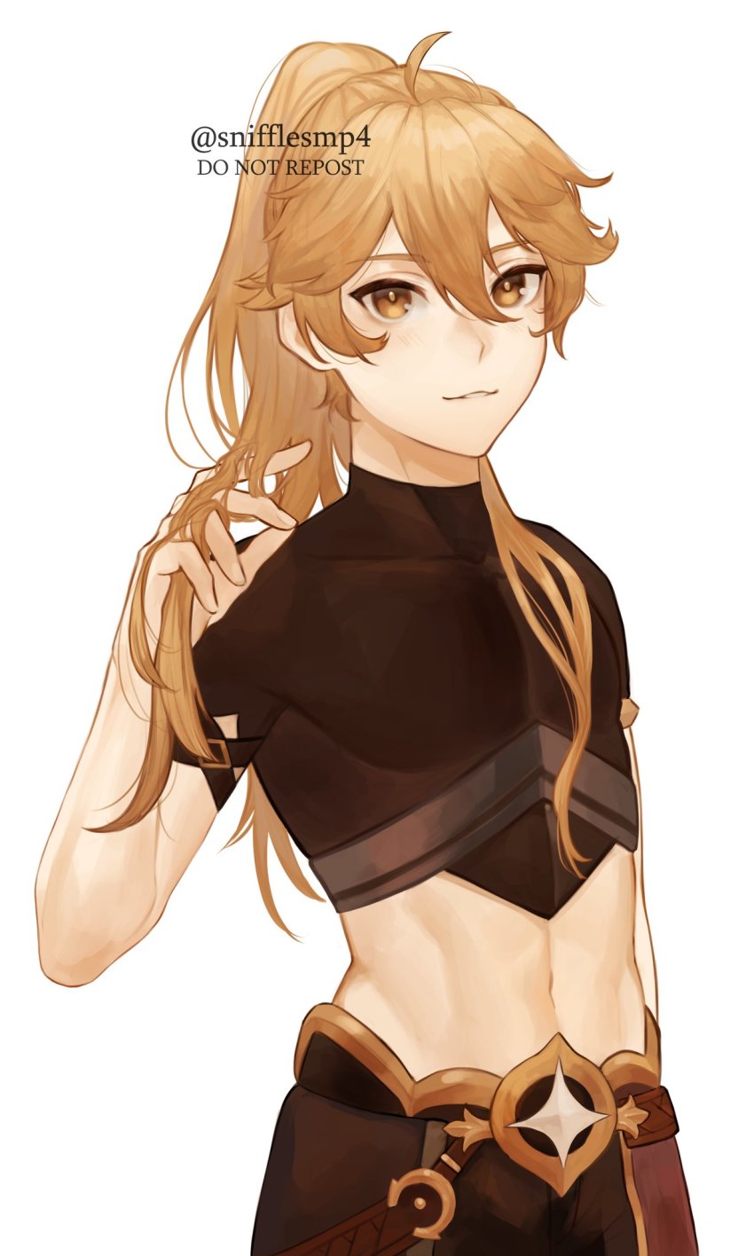1boy, aether_(genshin_impact), blonde_hair, blush, commentary, crop_top, english_commentary, genshin_impact, high_ponytail, highres, holding, holding_own_hair, looking_at_viewer, male_focus, midriff, navel, open_mouth, ponytail, simple_background, smile, snifflesmp4, solo, white_background, yellow_eyes