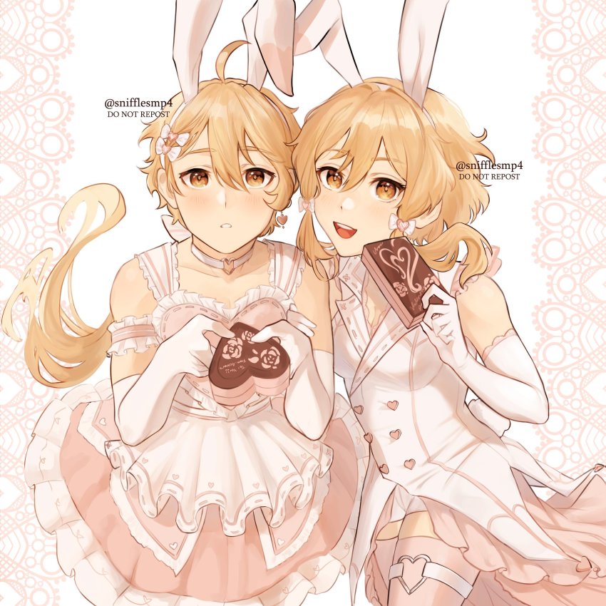 1boy, 1girl, aether_(genshin_impact), animal_ears, armband, artist_name, bare_shoulders, blonde_hair, blush, bow, box, choker, collarbone, crossdressing, dress, earrings, elbow_gloves, fake_animal_ears, frilled_dress, frilled_gloves, frilled_skirt, frills, genshin_impact, gloves, hair_bow, heart, heart_earrings, highres, holding, holding_box, jewelry, long_hair, lumine_(genshin_impact), open_mouth, ponytail, rabbit_ears, short_hair_with_long_locks, siblings, single_earring, skirt, sleeveless, smile, snifflesmp4, twins, twitter_username, valentine, white_dress, white_gloves, yellow_eyes