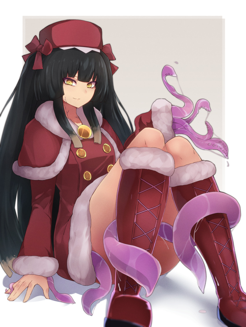 1girl, arm_support, big_hair, black_hair, boots, buttons, capelet, closed_mouth, commentary_request, commission, dress, highres, hiruko_(mon-musu_quest!), long_hair, long_sleeves, looking_at_viewer, mon-musu_quest!, mon-musu_quest:_paradox, red_boots, red_capelet, red_dress, sitting, skeb_commission, solo, tentacles, yonaga_san