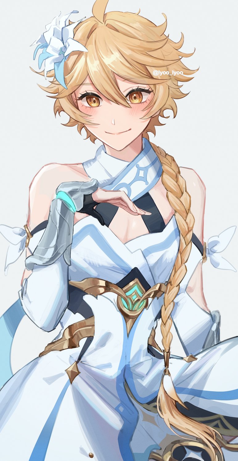 1boy, aether_(genshin_impact), bare_shoulders, blonde_hair, blush, braid, braided_ponytail, closed_mouth