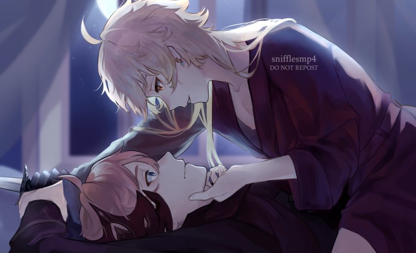 2boys, aether_(genshin_impact), black_gloves, blonde_hair, blue_eyes, blurry, blurry_background, brown_hair, closed_mouth, collarbone, dagger, earrings, from_side, genshin_impact, gloves, hand_on_another's_chin, highres, holding, holding_dagger, holding_knife, hand_on_own_arm, holding_weapon, jewelry, knife, long_hair, long_sleeves, looking_at_another, mask, mask_on_head, moon, moonlight, multiple_boys, night, on_person, open_clothes, open_mouth, orange_hair, red_robe, robe, short_hair, snifflesmp4, tartaglia_(genshin_impact), weapon, yaoi, yellow_eyes