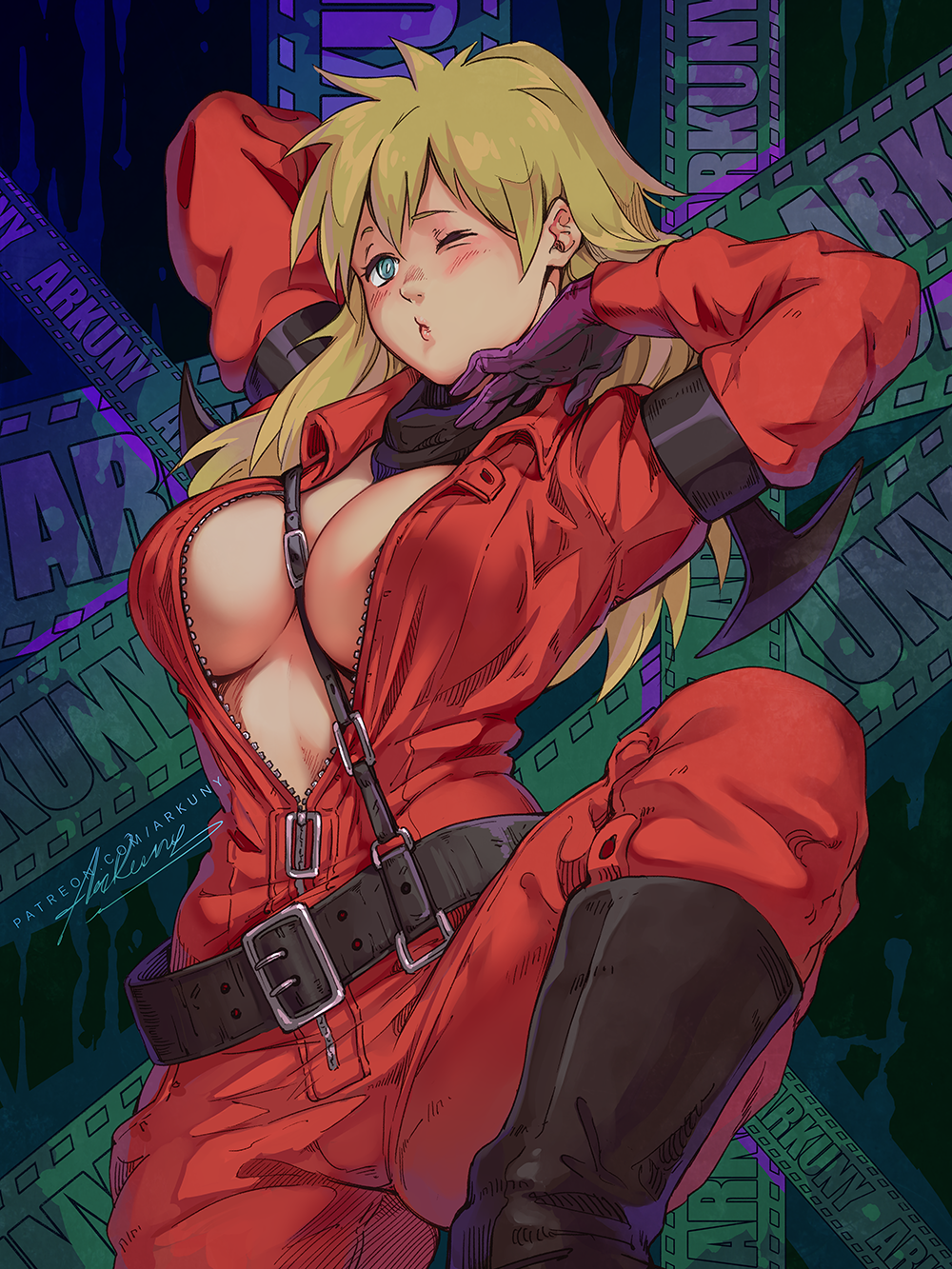 1girl, arkuny, arms_up, belt, between_breasts, black_belt, black_footwear, blue_eyes, blush, bodysuit, breasts, cleavage, dorohedoro, gloves, highres, large_breasts, leg_up, nikaidou_(dorohedoro), one_eye_closed, partially_unzipped, purple_gloves, red_bodysuit, signature, solo, watermark, web_address, zipper, zipper_pull_tab