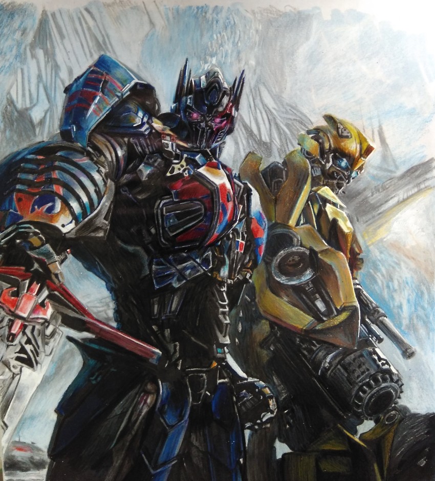 07nono06, 2boys, absurdres, arm_cannon, autobot, blue_eyes, bumblebee_(transformers), clenched_hand